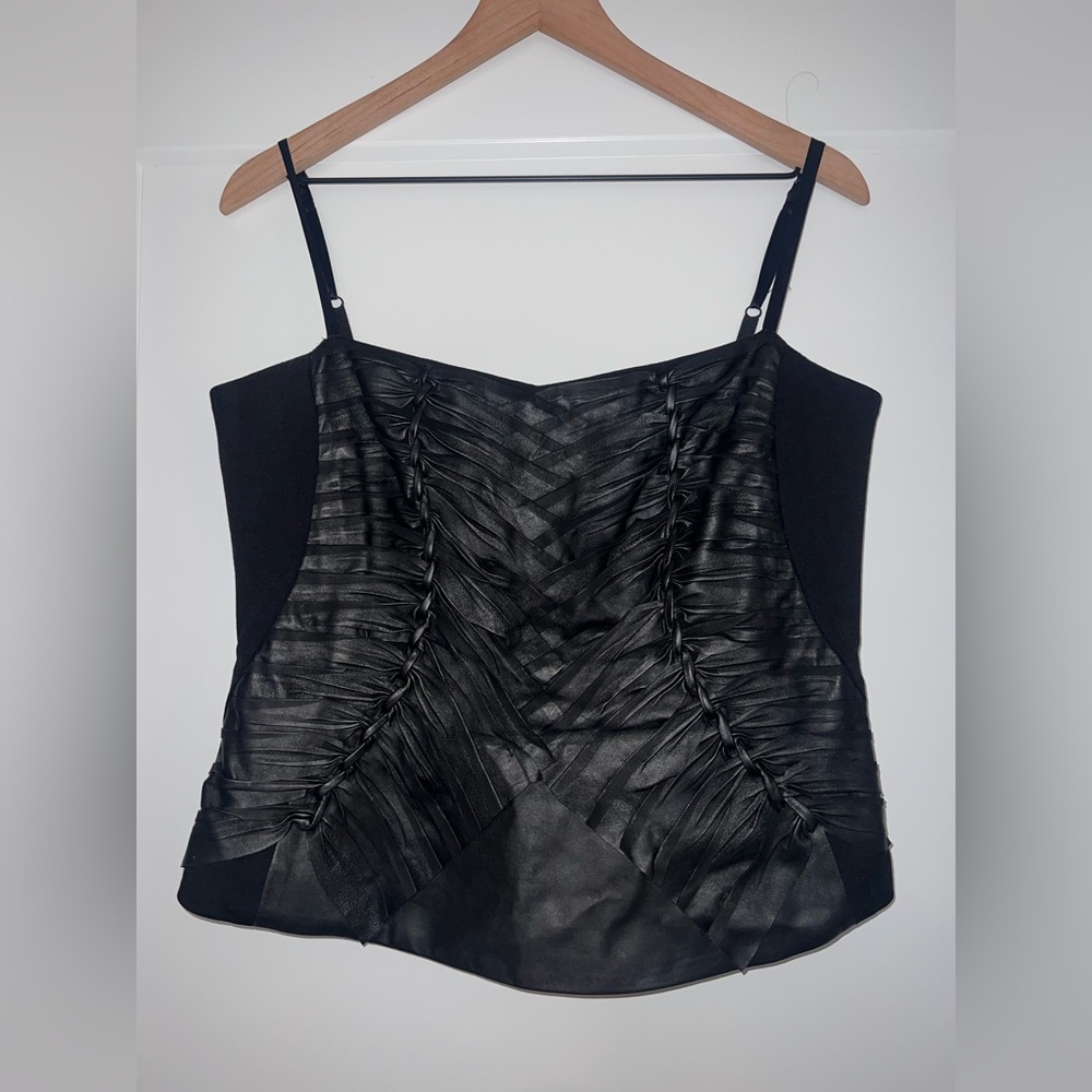 ELIE TAHARI intricately woven lamb leather black bustier, size large